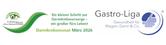 Bild mit Motto Darmkrebsmonat März 2026 und Logos Gastro-Liga und Stiftung LebensBlicke