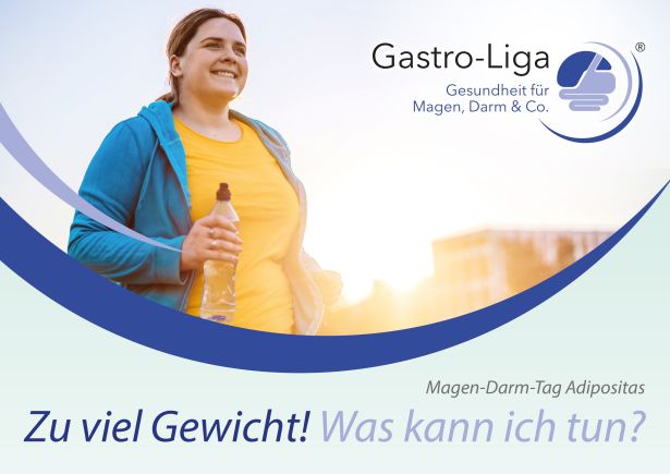 Plakatmotiv Magen-Darm-Tag Adipositas - Jungere kräftigere Frau in Sportkleidung mit Wasserflasche in der Hand beim Joggen